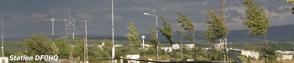 Antennenanlage der Contest-Station DF0HQ mit mehreren Masten und Beams vor bewölktem Himmel
