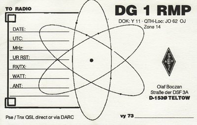 Erste QSL-Karte DG1RMP mit Atommodell-Grafik